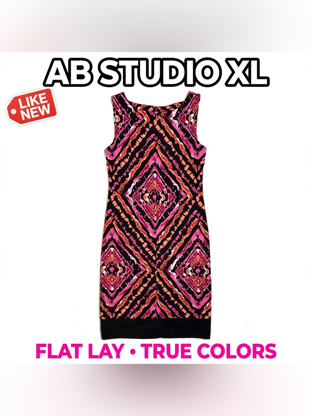 AB Studio Dress XL Sleeveless Shift Ikat Geometric Black Pink Orange Like New